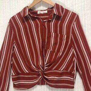 Love Tree Striped Knot Front Blouse Collared Long Sleeve Top Size‎ L